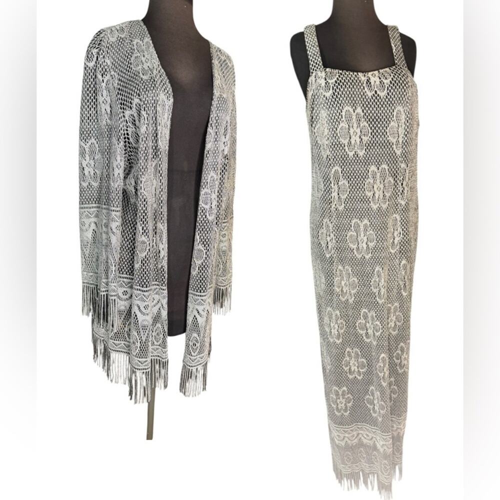 Vtg Crochet Lace Floral Whimsigoth Fringe Dress Coord Jacket Women 14 Romantic